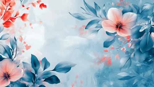 Abstract Floral Composition with Coral and Blue Watercolor Blooms