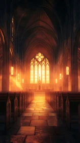Sunlit gothic cathedral aisle glowing with amber haze.