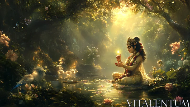 Serene forest goddess cradling golden light by soft water.