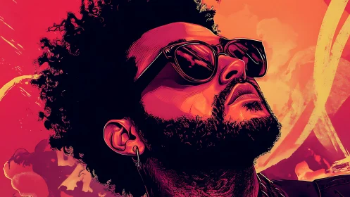 Bold neon portrait of man in sunglasses against sunset sky.