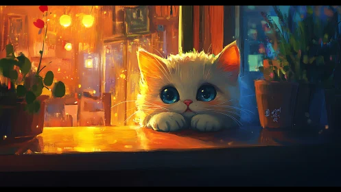 Luminous feline figure rendered with warm chromatic ambience in urban environment scene