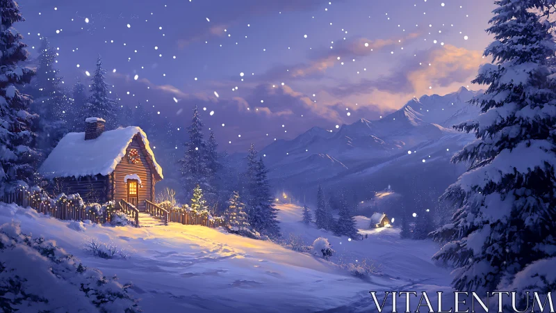 Snowflakes waltz above a lamplit cabin in violet mountains