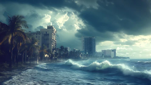 Stormy coastal city skyline with crashing ocean waves.