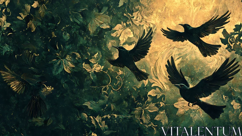 Midnight crows carve bright constellations through gilded leaves