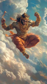 Skyborne monkey warrior punches through painted dawn clouds