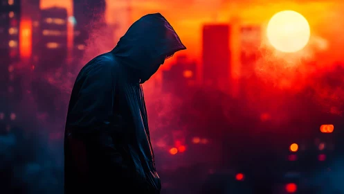 Hooded wanderer pauses in glowing neon city sunset.