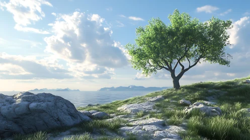 Sunlit coastal tree on rocky hillside under soft clouds.