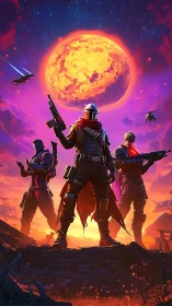 Solar storm vanguard under neon skies of a burning world.