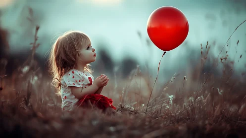 Young child observing red balloon in soft grassy field.