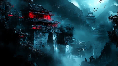 Spectral mountain citadel with cyan mists and red-lit pagodas.
