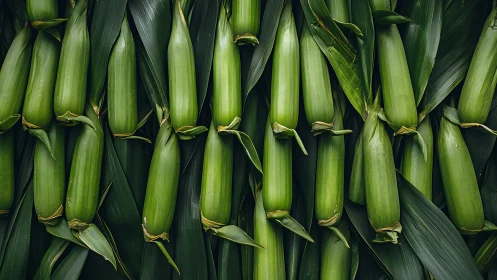Fresh green corn cobs in tight overhead agricultural arrangement