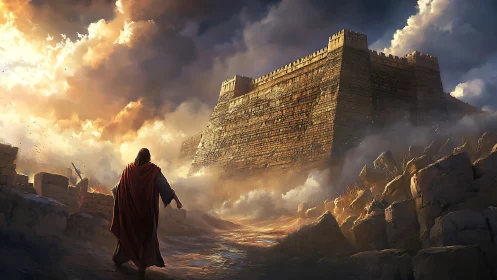 Lone cloaked wanderer approaches colossal stormlit fortress.