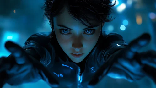 Woman with glowing blue eyes reaches forward in neon light