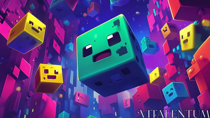 Colorful voxel creatures drift through neon digital canyon