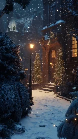 Snowy townhouse glows with warm festive Christmas lights