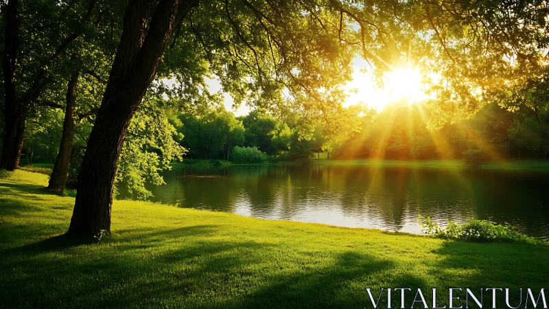 Sunburst over whispering lakeside meadow of quiet light.