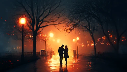 Silhouetted Couple in Atmospheric Urban Park at Dusk.