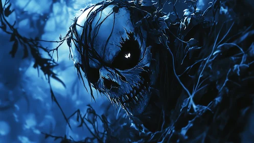 Skull-like forest wraith emerges from tangled blue shadows.