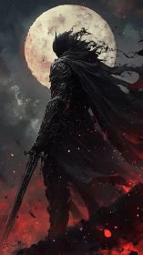 Moonlit ash knight stalking the burning horizon of night.