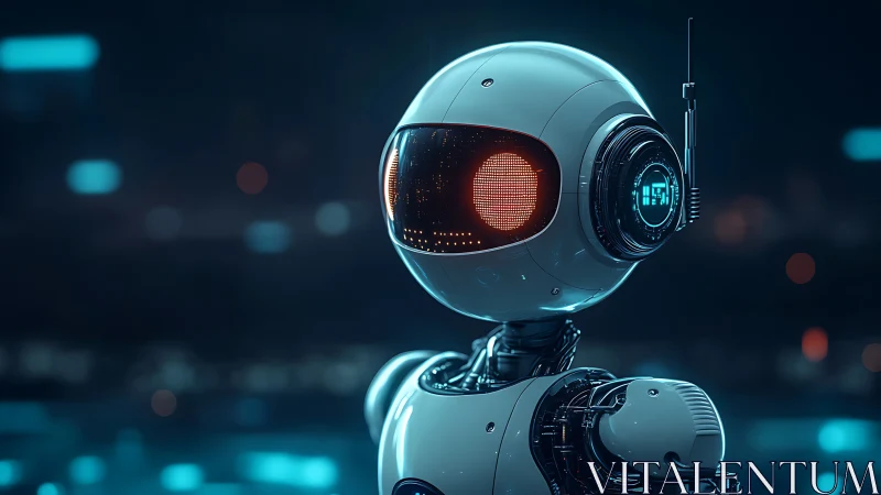 Futuristic service robot with glowing visor in neon cityscape.