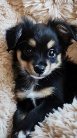 Bright-eyed cuddle pup nested in a cloud of creamy blankets.