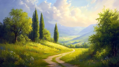 Oil landscape with winding country path and luminous valley light.