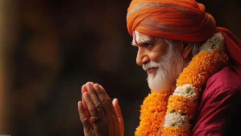 Elderly spiritual guru smiles in prayerful orange radiance.
