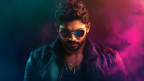 Man in leather jacket with neon colored smoke background.