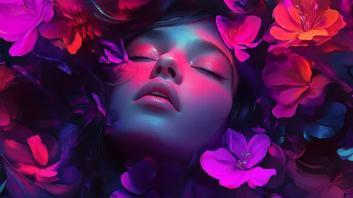 Digital portrait shows closed-eyed face surrounded by flowers