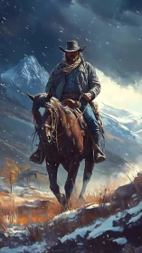 Lone cowboy rides through stormy snowlit mountain pass.