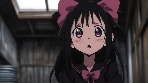 Wide eyed anime girl in dark uniform with pink bows, indoors