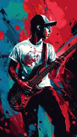 Male guitarist in cap amid contrasting paint splashes.