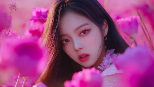 Ethereal Portrait in Magenta Flora: Luminous Beauty Composition.