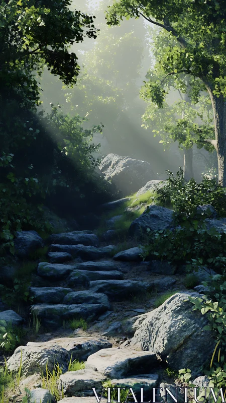 Enchanted Forest Path Through Misty Stone Canyon