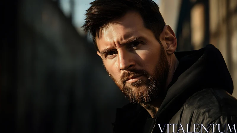 Portrait shows bearded man in side lighting wearing dark jacket