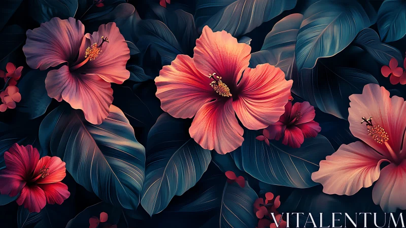 Vibrant Hibiscus Blooms Against Deep Teal Foliage