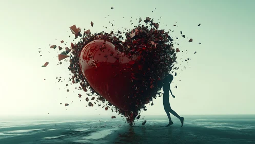 Solitary Figure Wrestles Disintegrating Crimson Heart Against Seascape