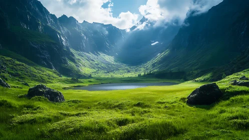 Alpine cirque meadow and glacial tarn under volumetric light