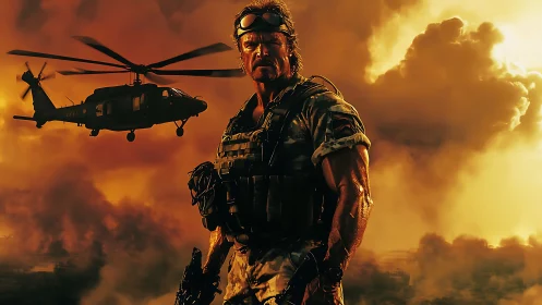 Militarized operator under apocalyptic rotary-wing skyfield.