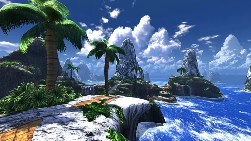 Tropical Island Paradise with Towering Rock Formations.