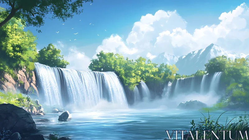 Sunlit mountain waterfalls pouring into tranquil lagoon.