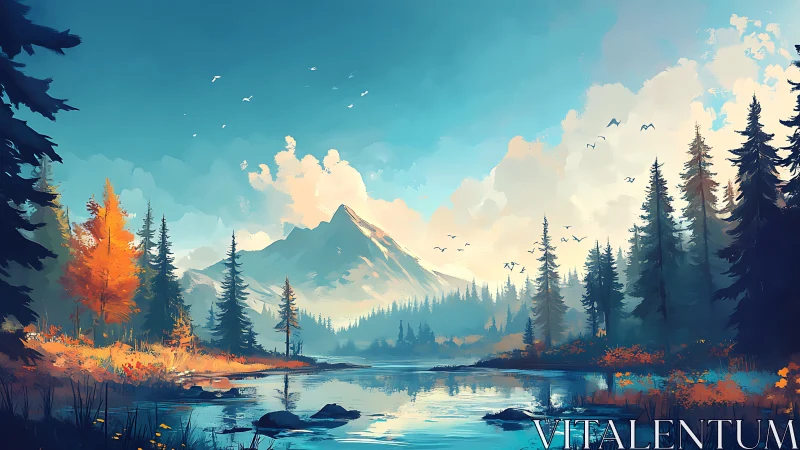 Autumn lake beneath misty mountains in painterly light.