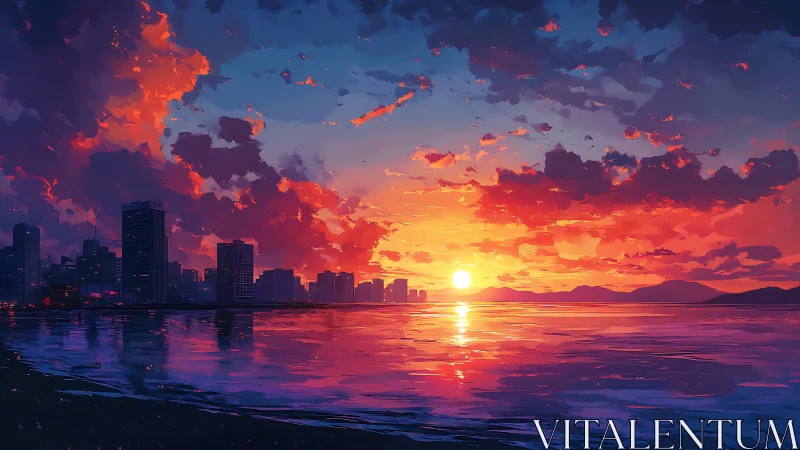 Sunset-lit coastal skyline rendered with saturated chromatic contrast