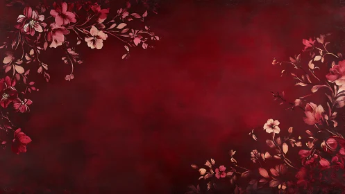 Crimson Floral Border Study with Layered Botanical Elements