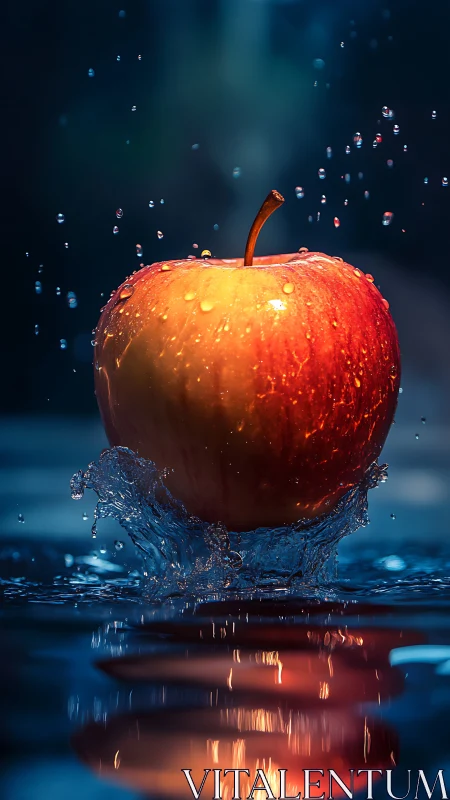 Golden red apple captured in dramatic water splash motion.
