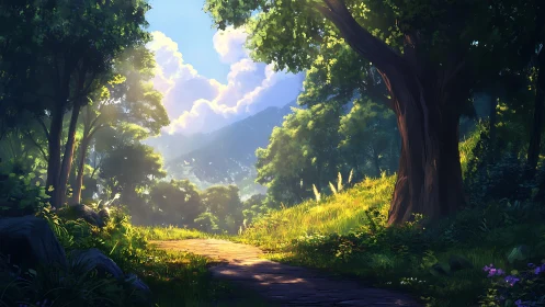 Sunlit Forest Pathway Through Towering Trees and Distant Mountains.