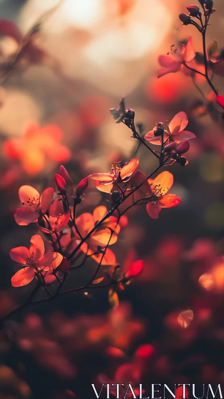 Twilight blossoms glow in ember-kissed bokeh dreamscape.