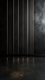 Minimalist black interior with vertical gold panel detailing.