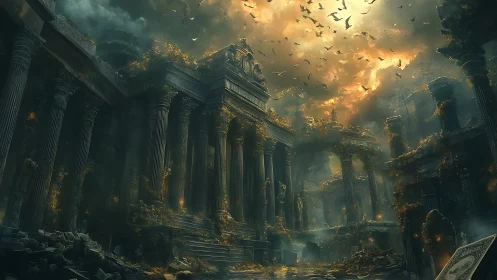 Ancient ruined temple stands beneath a burning storm sky.