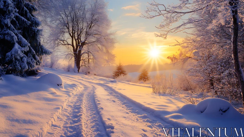 Winter trail under radiant sunrise across snowy forest path.
